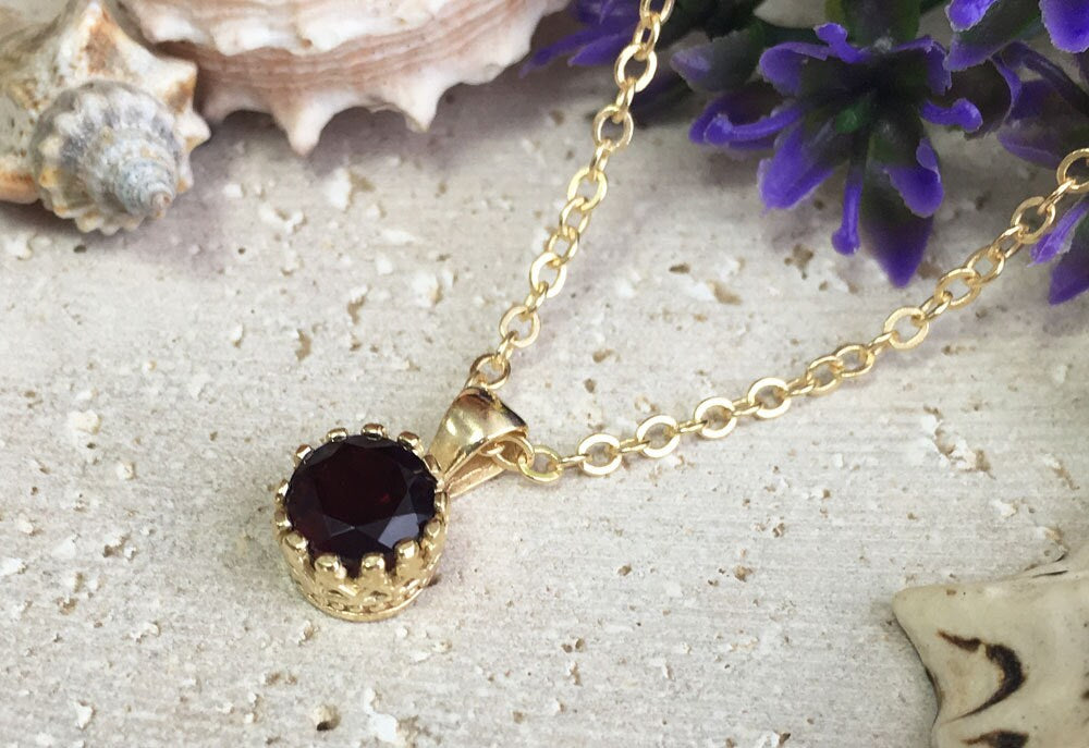 Red Garnet Necklace - January Birthstone - Delicate Chain Necklace with Round Red Garnet Gemstone - H.L.Jewelry