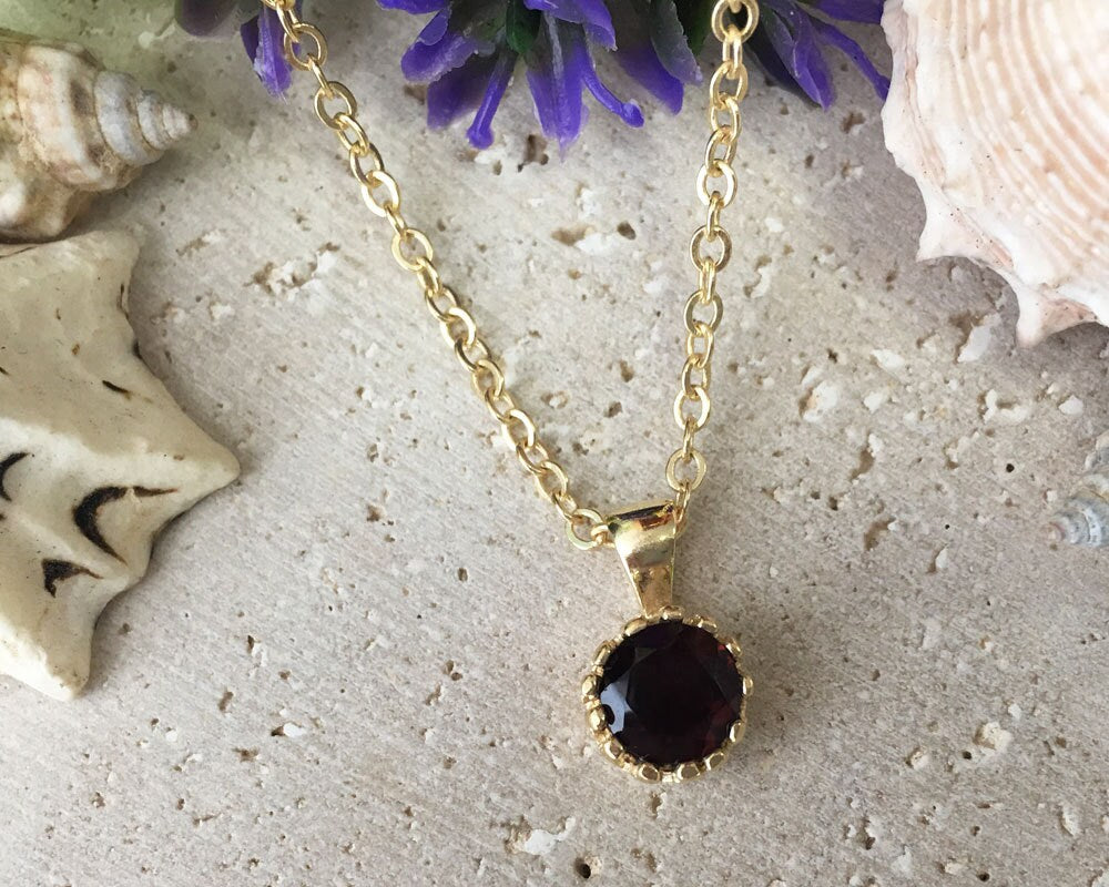 Red Garnet Necklace - January Birthstone - Delicate Chain Necklace with Round Red Garnet Gemstone - H.L.Jewelry