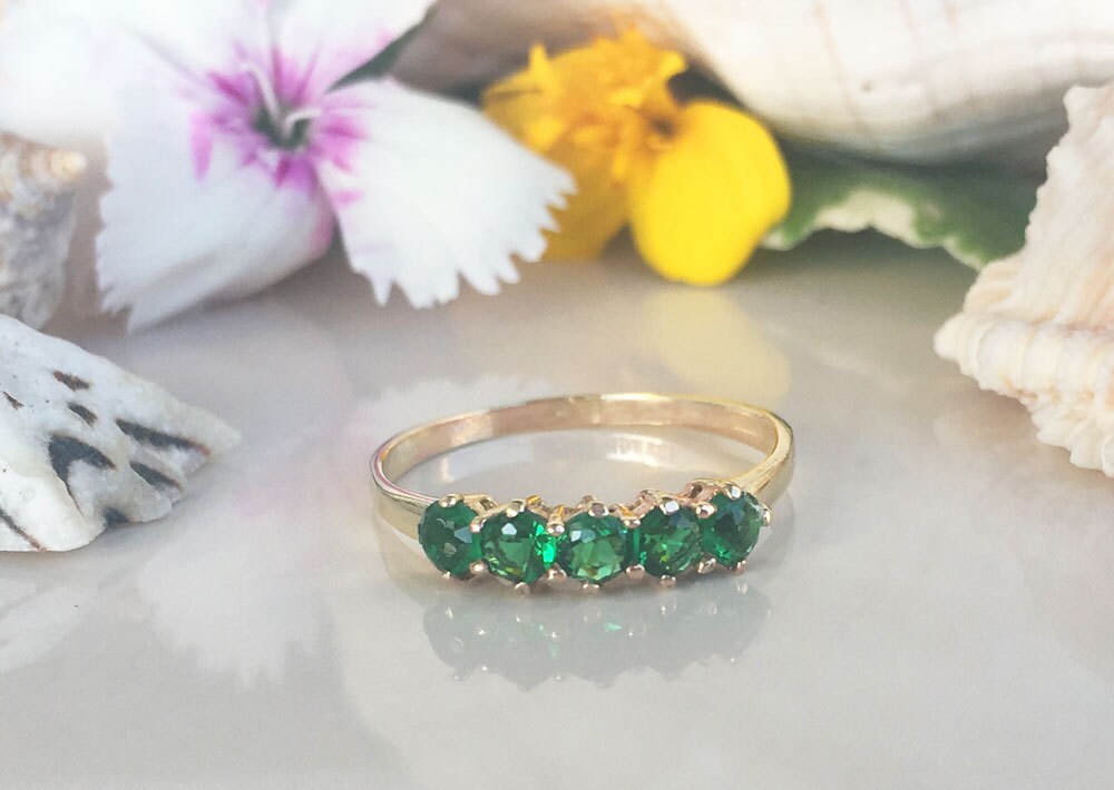 Emerald Ring - May Birthstone Jewelry - Stacking Ring with Five Round Emeralds - H.L.Jewelry