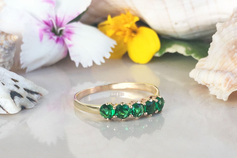 Emerald Ring - May Birthstone Jewelry - Stacking Ring with Five Round Emeralds - H.L.Jewelry