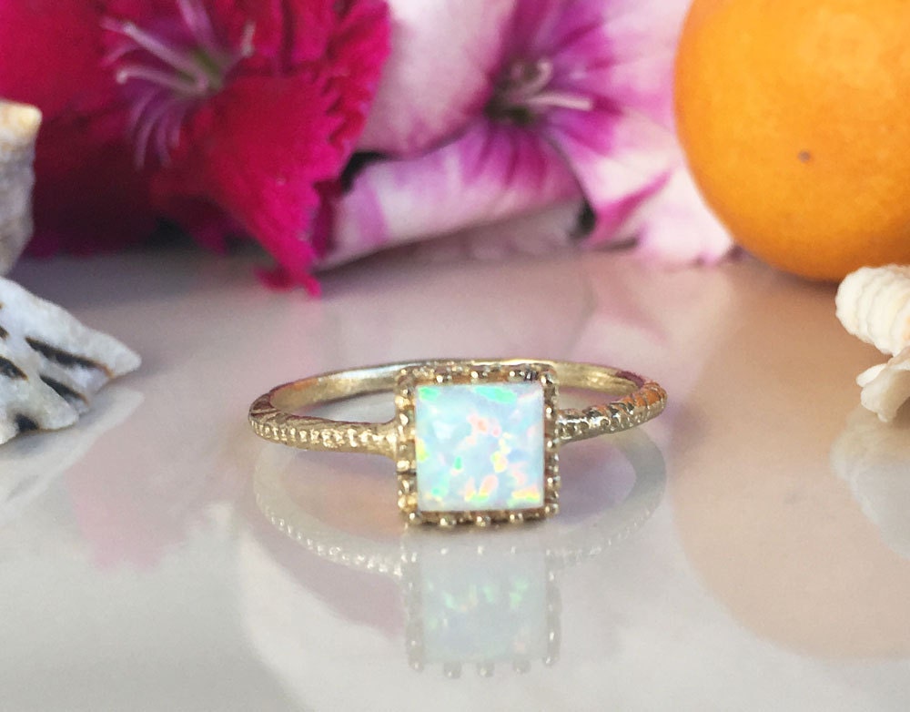 White Opal Ring - White Opal Gemstone Square Crown Simple Hammered Ring - H.L.Jewelry