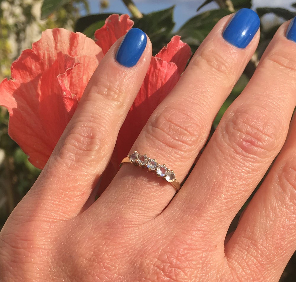 Rainbow Moonstone Ring - Genuine Gemstone Band - Stacking Ring - June Birthstone - Tiny Ring - Simple Jewery - Gold Ring - Prong Ring - H.L.Jewelry