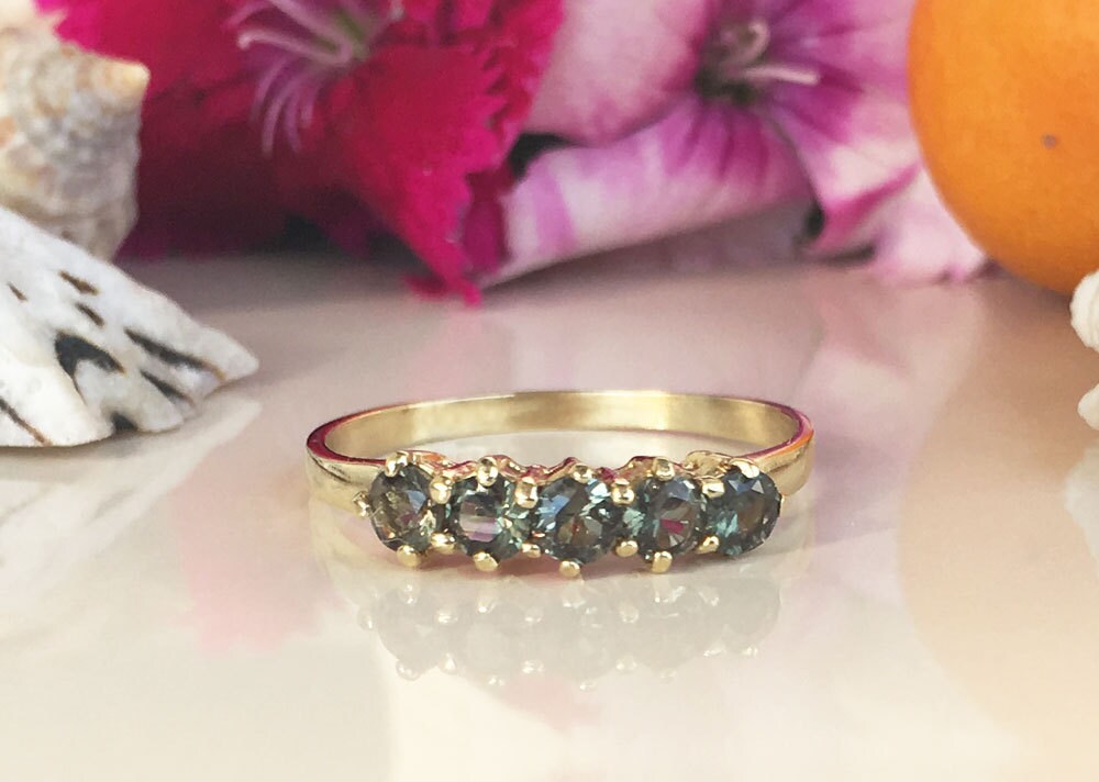 Green Tourmaline Ring - Stacking Ring with Five Round Green Tourmaline Gemstones - H.L.Jewelry