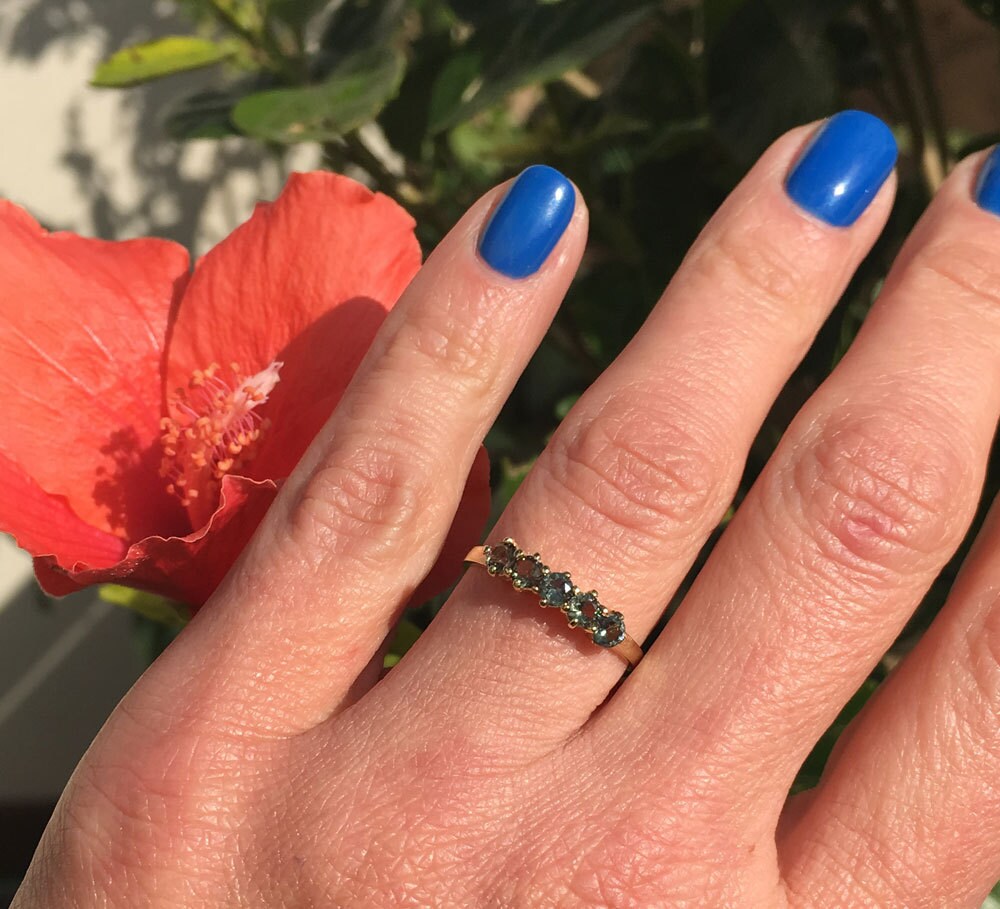 Green Tourmaline Ring - Stacking Ring with Five Round Green Tourmaline Gemstones - H.L.Jewelry