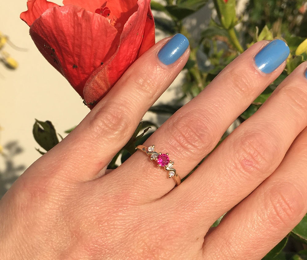 Ruby Ring  - July Birthstone Jewelry - Round Ruby Gemstone Delicate Ring with Clear Quartz Accents - H.L.Jewelry