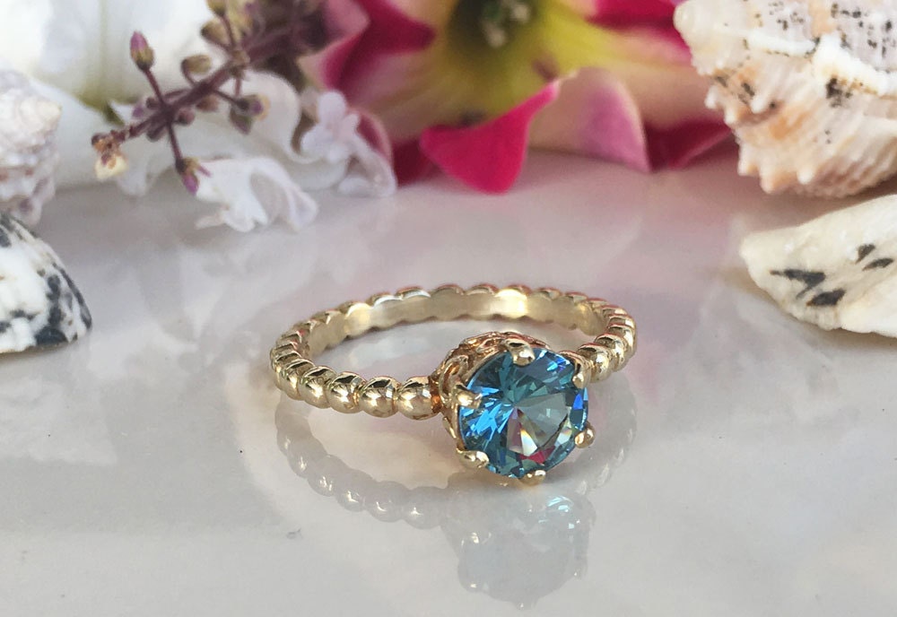 Blue Topaz Ring - December Birthstone - Round Blue Topaz Gemstone Beaded Band Ring - H.L.Jewelry