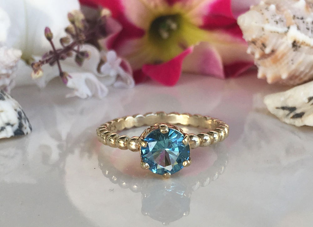 Blue Topaz Ring - December Birthstone - Round Blue Topaz Gemstone Beaded Band Ring - H.L.Jewelry