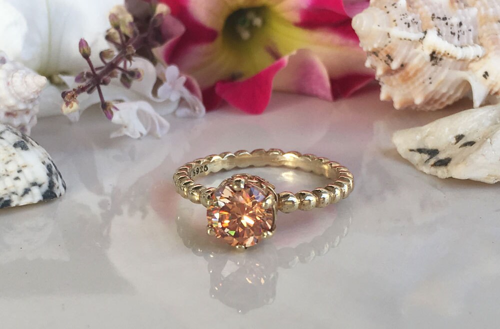 Citrine Ring - November Birthstone - Beaded Band Ring with Round Citrine Gemstone - H.L.Jewelry