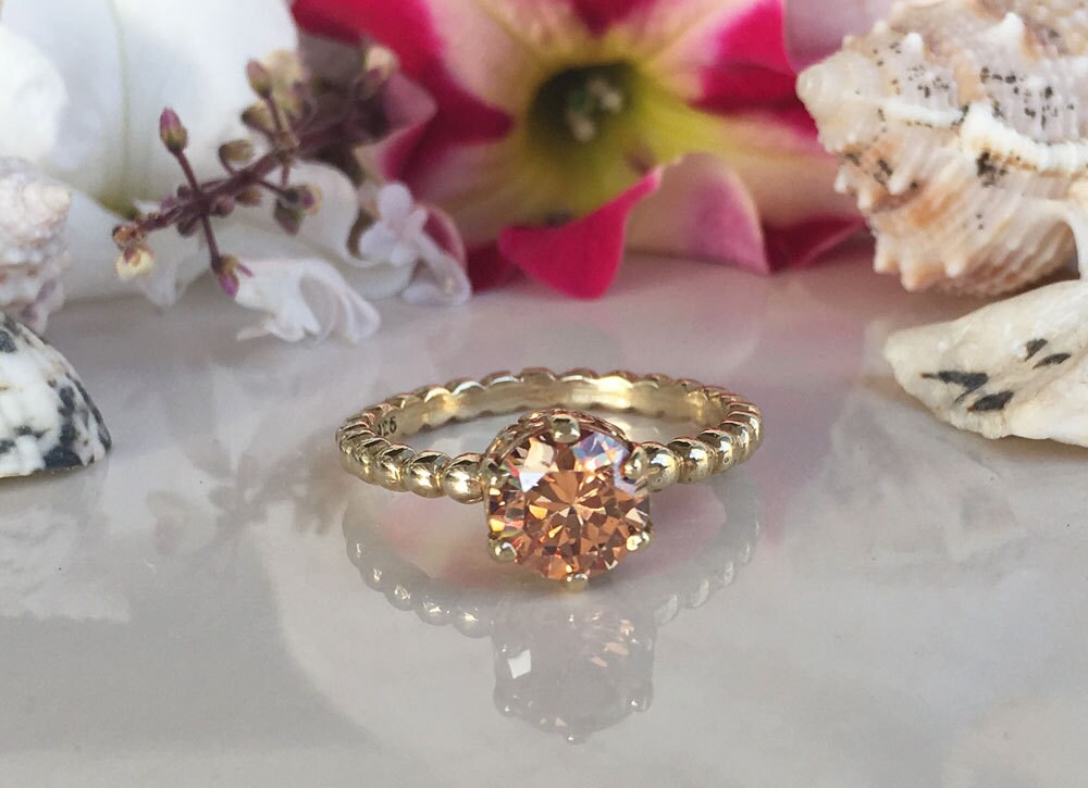 Citrine Ring - November Birthstone - Beaded Band Ring with Round Citrine Gemstone - H.L.Jewelry