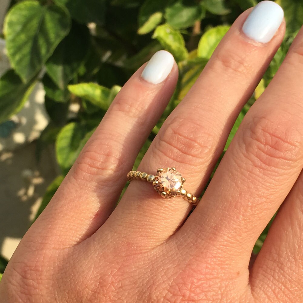 Citrine Ring - November Birthstone - Beaded Band Ring with Round Citrine Gemstone - H.L.Jewelry