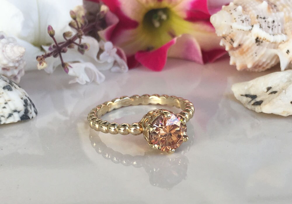 Citrine Ring - November Birthstone - Beaded Band Ring with Round Citrine Gemstone - H.L.Jewelry