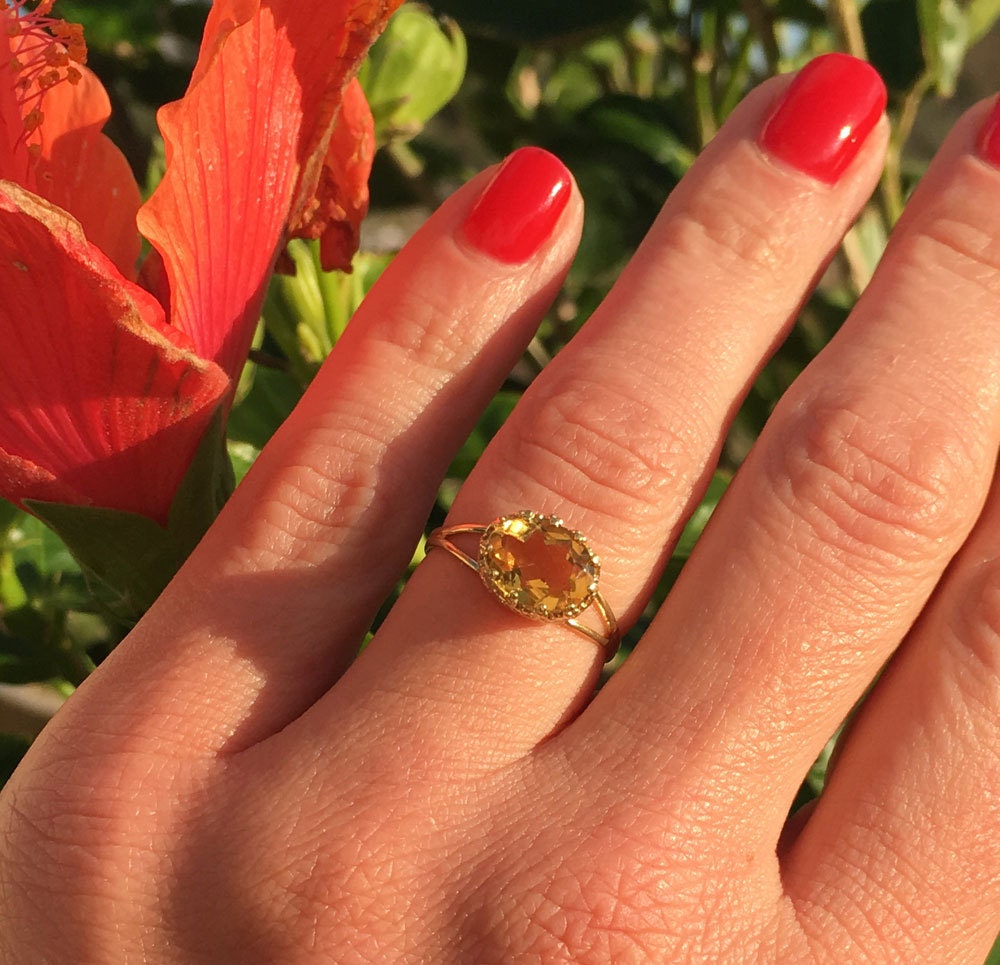 Citrine Ring - November Birthstone - Double Band Vintage Oval Crown Ring with Citrine Gemstone - H.L.Jewelry