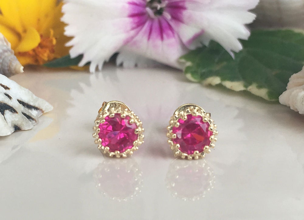 Ruby Earrings - July Birthstone Jewelry - Small Round Stud Earrings with Ruby Gemstone - H.L.Jewelry