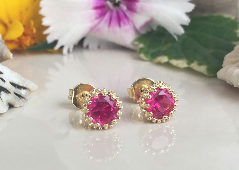 Ruby Earrings - July Birthstone Jewelry - Small Round Stud Earrings with Ruby Gemstone - H.L.Jewelry