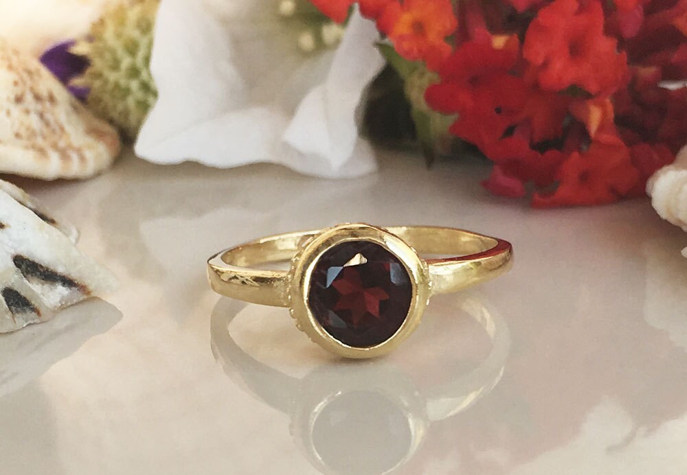 Red Garnet Ring - January Birthstone - Simple Bezel Set Ring with Round Red Garnet Gemstone - H.L.Jewelry