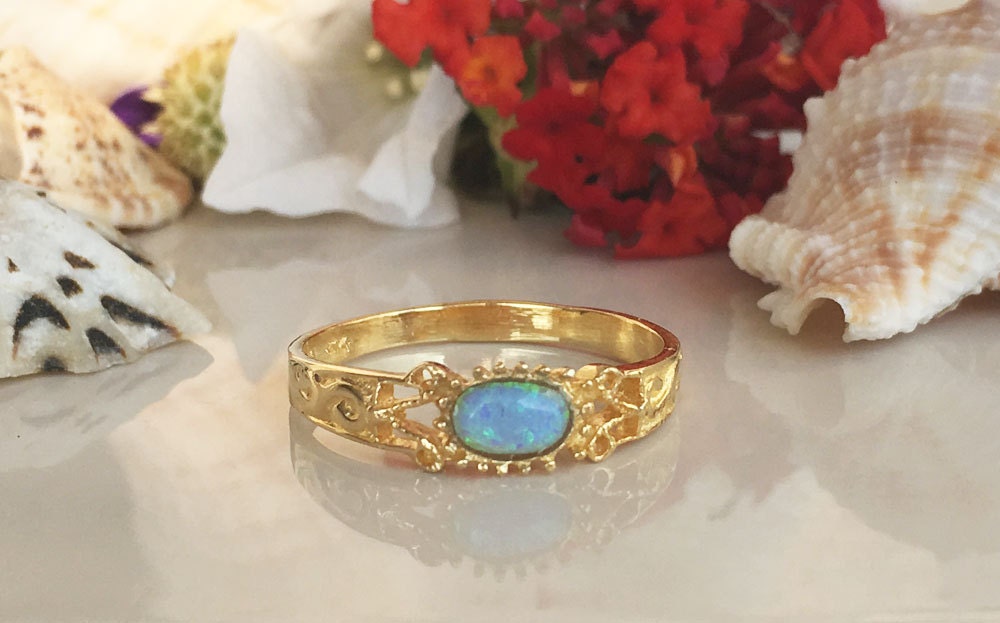 Blue Opal Ring - October Birthstone - Lace Ring with Oval Blue Opal Gemstone - H.L.Jewelry