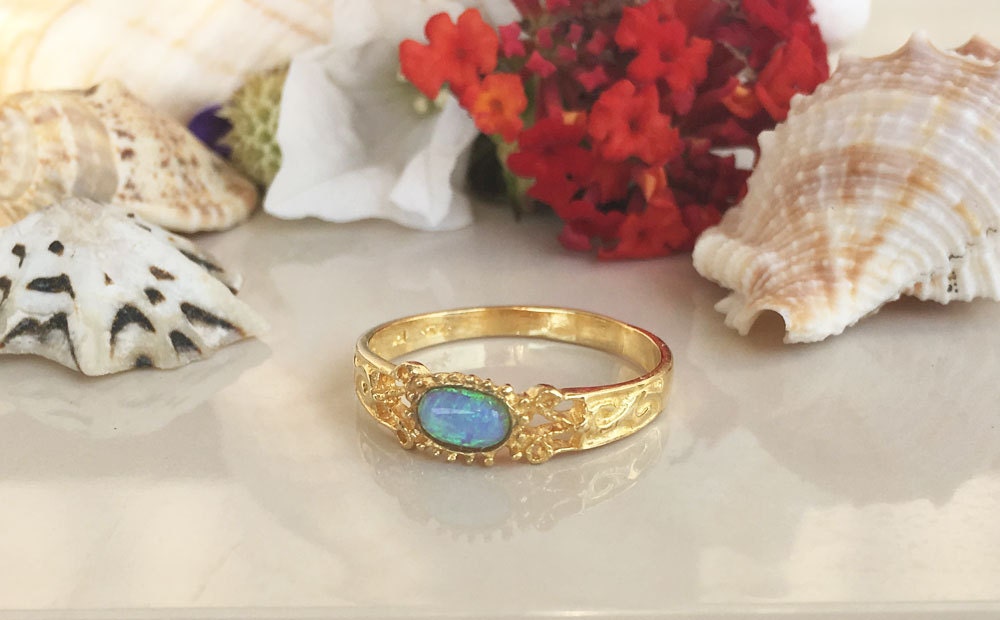 Blue Opal Ring - October Birthstone - Lace Ring with Oval Blue Opal Gemstone - H.L.Jewelry