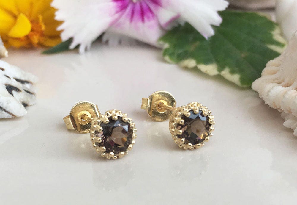 Smoky Quartz Earrings - Smoky Quartz Gemstone Small Round Stud Earrings - H.L.Jewelry