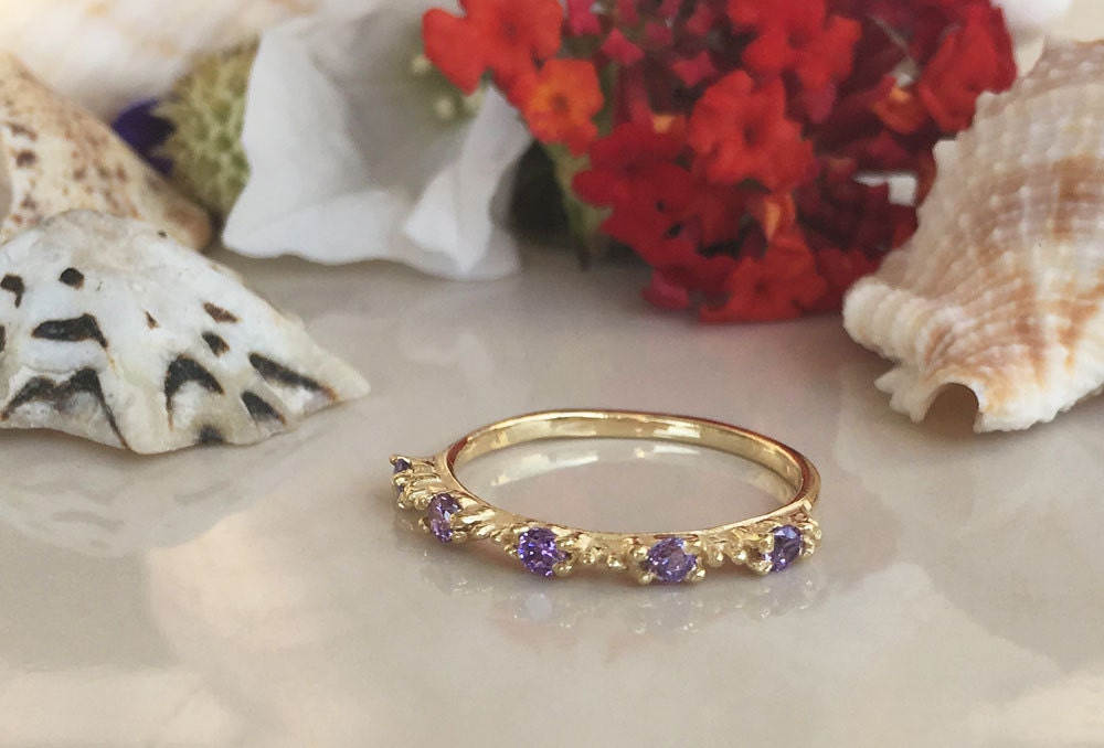 Amethyst Ring - February Birthstone - Stacking Ring with Five Round Purple Amethyst Stones - H.L.Jewelry