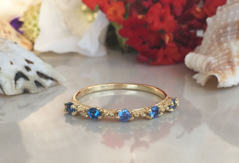 Blue Topaz Ring - December Birthstone - Stacking Ring with Five Round Blue Topaz Gemstones - H.L.Jewelry