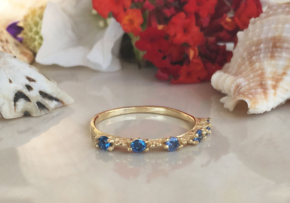 Blue Topaz Ring - December Birthstone - Stacking Ring with Five Round Blue Topaz Gemstones - H.L.Jewelry