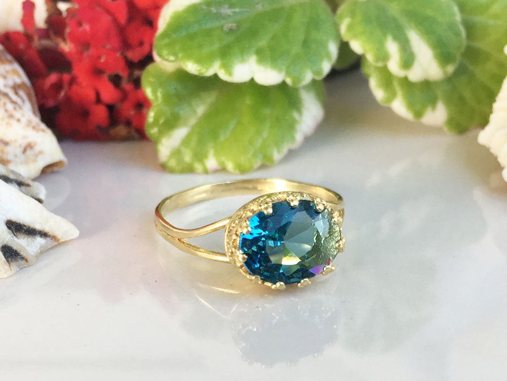 Blue Topaz Ring - December Ring - Blue Topaz Gemstone Double Band Vintage Oval Crown Ring - H.L.Jewelry