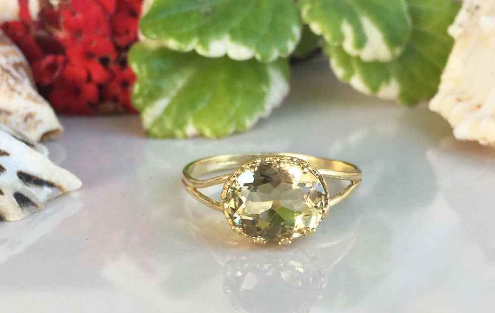 Yellow Citrine Ring - November Birthstone Jewelry - Yellow Citrine Gemstone Double Band Vintage Oval Crown Ring - H.L.Jewelry