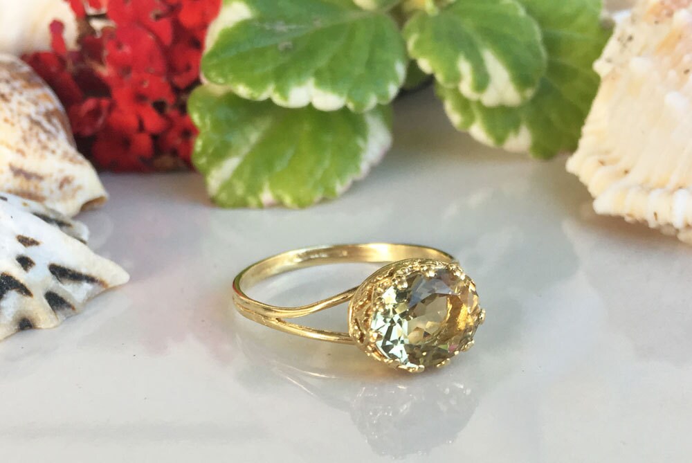 Yellow Citrine Ring - November Birthstone Jewelry - Yellow Citrine Gemstone Double Band Vintage Oval Crown Ring - H.L.Jewelry