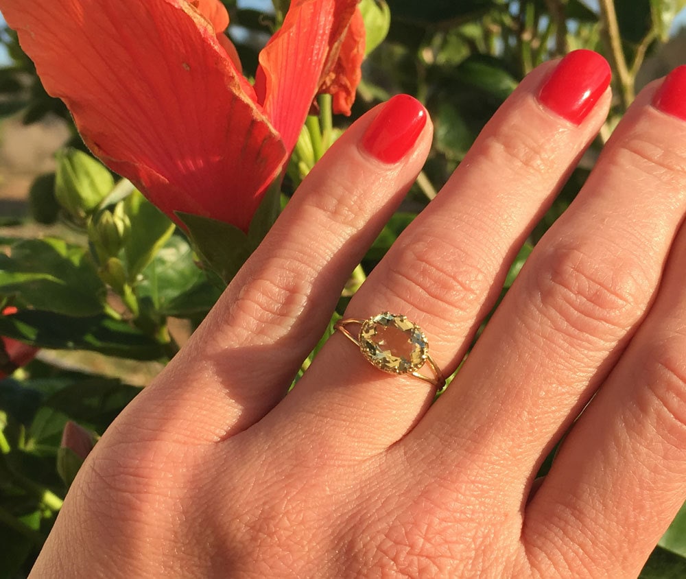 Yellow Citrine Ring - November Birthstone Jewelry - Yellow Citrine Gemstone Double Band Vintage Oval Crown Ring - H.L.Jewelry