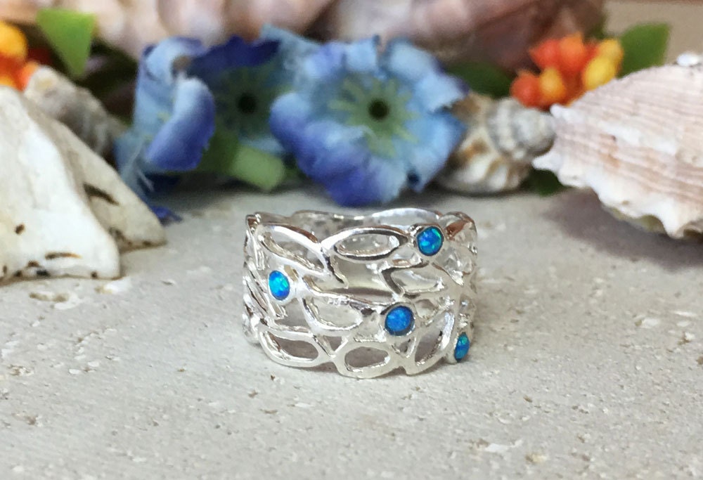 Blue Opal Ring - October Birthstone - Wide Lace Band Ring with 4 Small Blue Opals - H.L.Jewelry