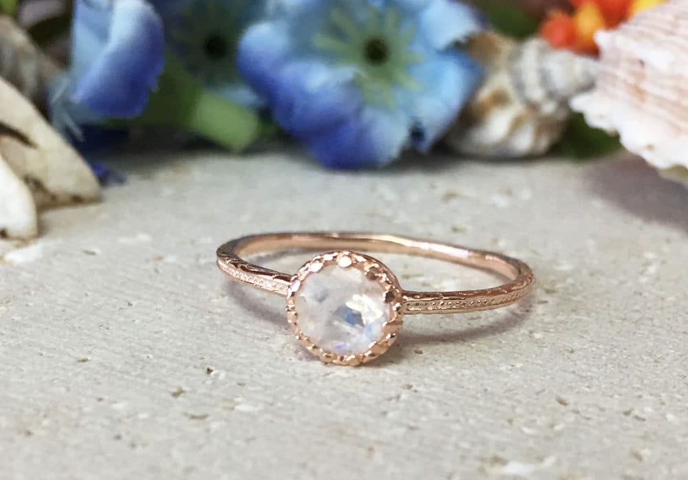 Rainbow Moonstone Ring - June Birthstone - Delicate Hammered Ring with Round Rainbow Moonstone - H.L.Jewelry