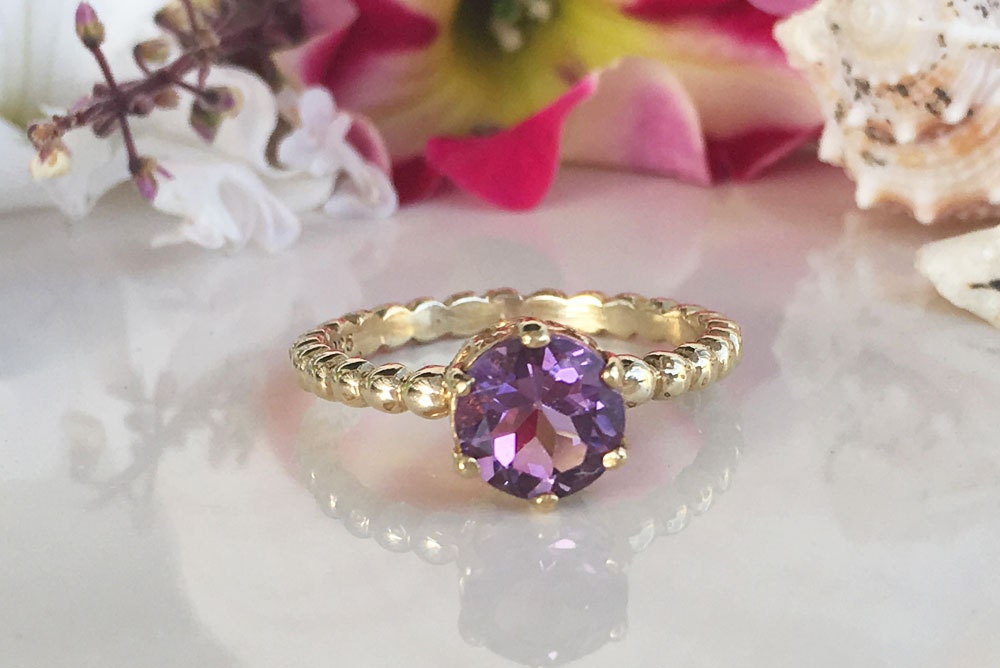 Amethyst Ring - February Birthstone - Beaded Band Ring with Round Purple Amethyst - H.L.Jewelry