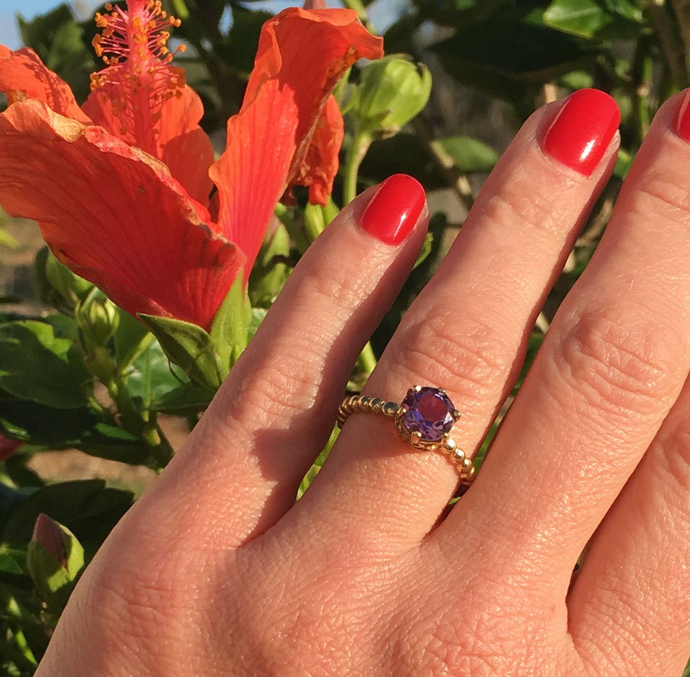 Amethyst Ring - February Birthstone - Beaded Band Ring with Round Purple Amethyst - H.L.Jewelry