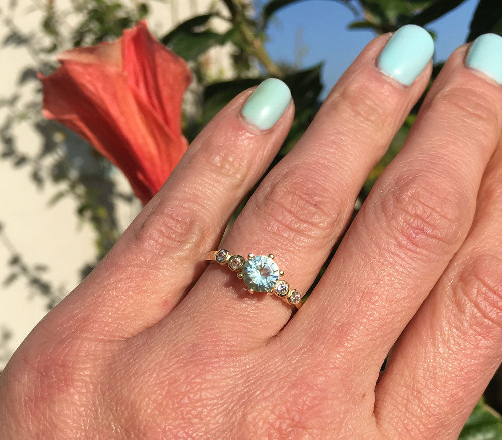 Aquamarine Ring - March Birthstone - Dainty Ring with Round Aquamarine Center Stone and Clear Quartz Accents - H.L.Jewelry