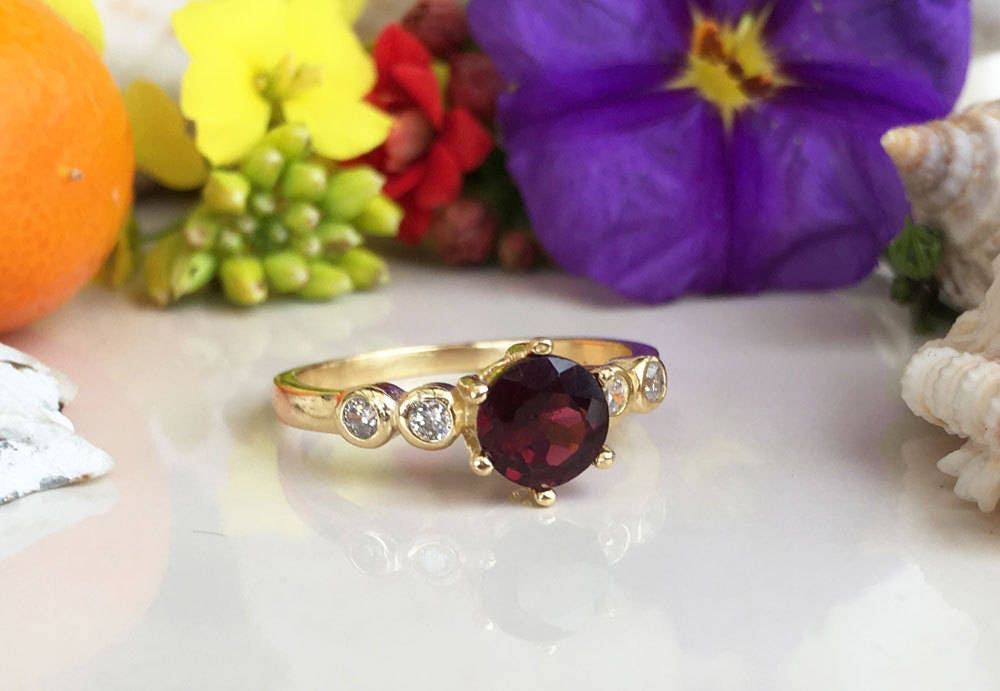 Red Garnet Ring - January Birthstone - Delicate Ring with Round Red Garnet Gemstone and Clear Quartz Accents - H.L.Jewelry