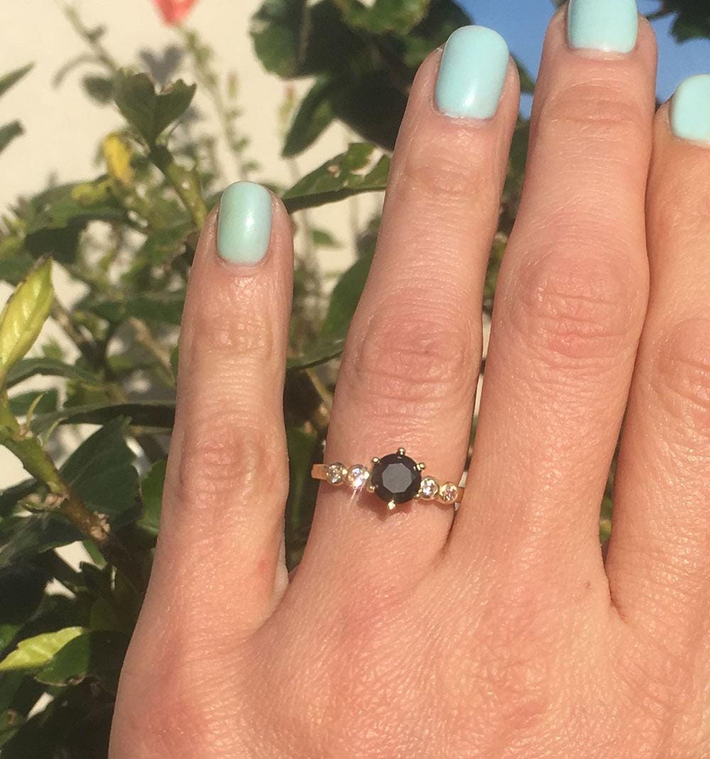 Black Onyx Ring - December Birthstone - Delicate Round Black Onyx Ring with Clear Quartz Accents - H.L.Jewelry