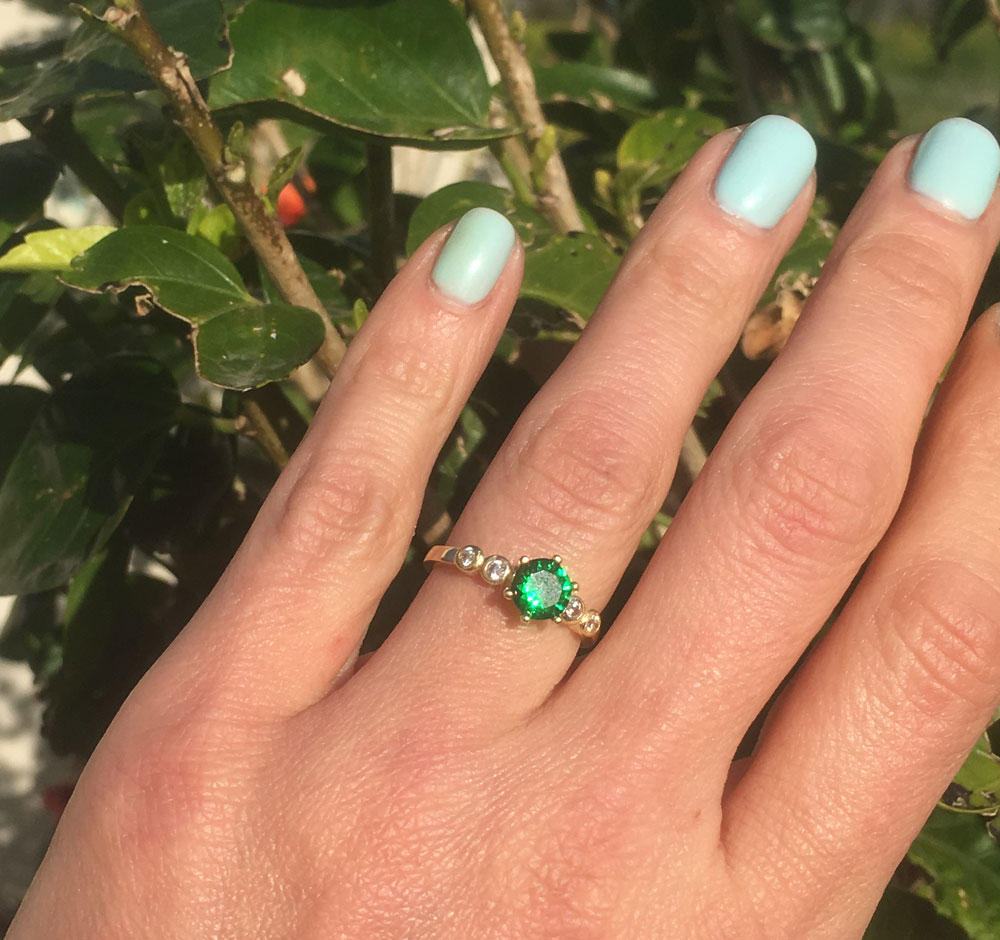 Emerald Ring - May Birthstone - Delicate Ring with Round Emerald Gemstone and Clear Quartz Accents - H.L.Jewelry