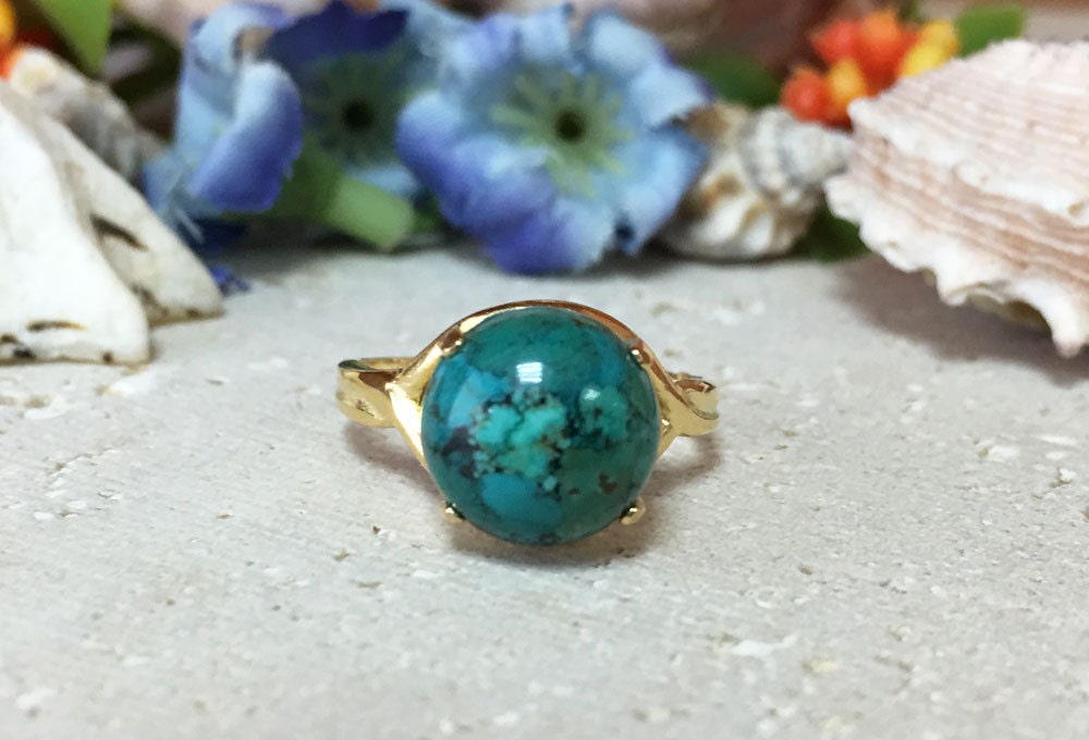 Turquoise Ring - December Birthstone - Genuine Gemstone - Gold Ring - Round ring - Cocktail Ring - H.L.Jewelry