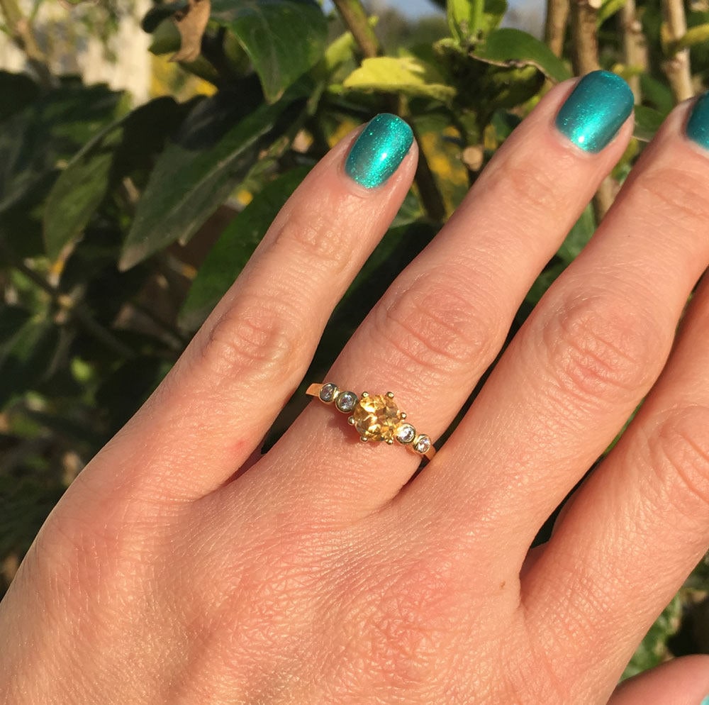 Citrine ring - November Birthstone - Tiny Delicate Ring with Round Citrine Gemstone and Clear Quartz Accents - H.L.Jewelry