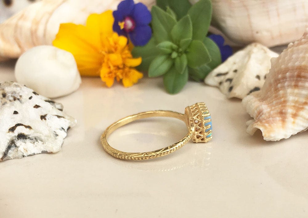 Blue Opal Ring - October Birthstone - Square Crown Simple Hammered Ring with Blue Opal Gemstone - H.L.Jewelry