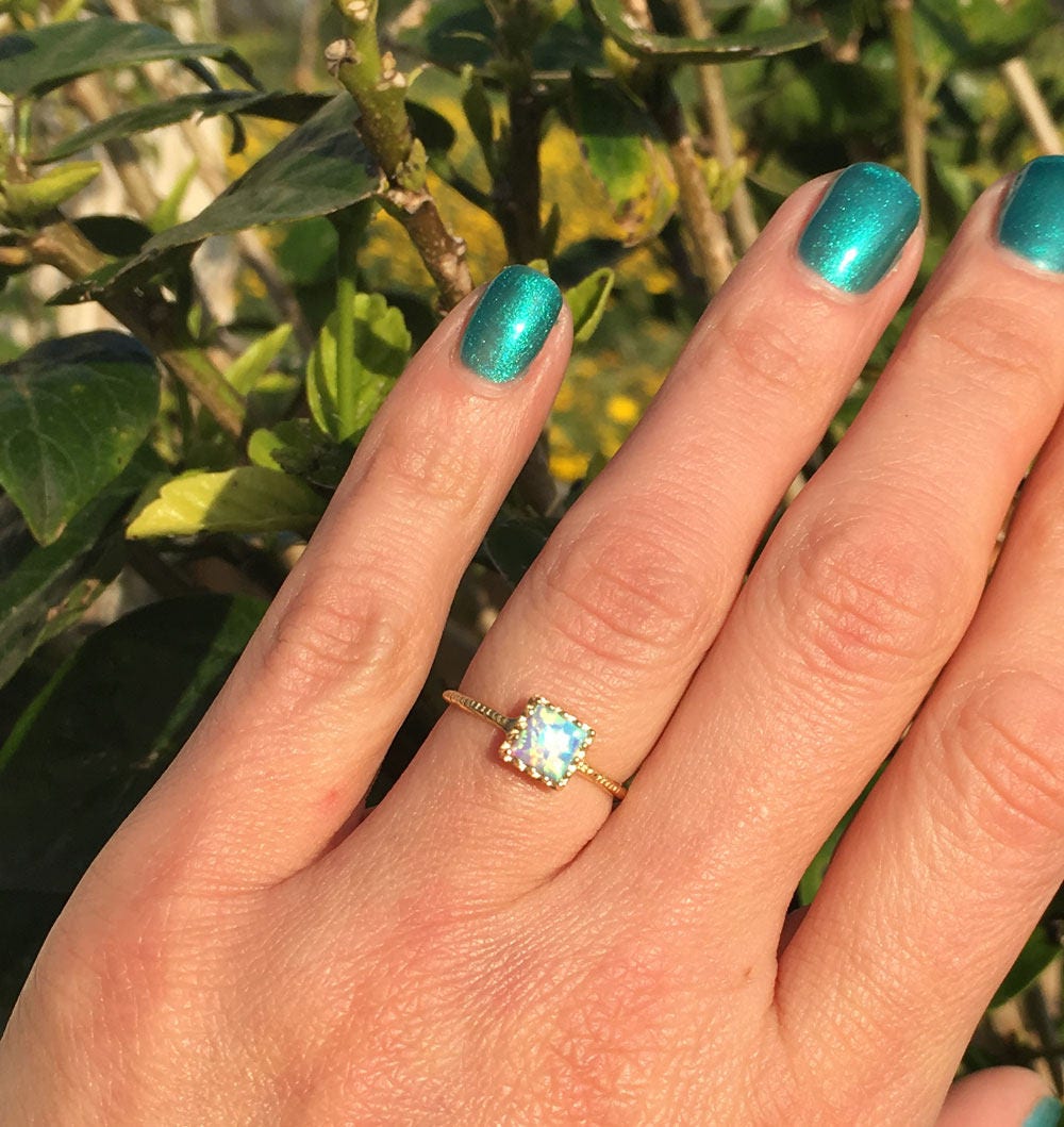 Blue Opal Ring - October Birthstone - Square Crown Simple Hammered Ring with Blue Opal Gemstone - H.L.Jewelry