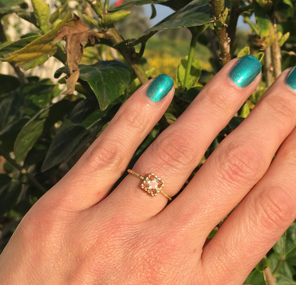 Citrine Ring - November Birthstone Jewelry - Square Crown Simple Hammered Ring with Citrine Gemstone - H.L.Jewelry