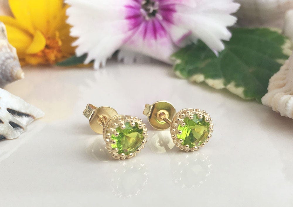 Peridot Earrings - August Birthstone - Small Round Stud Earrings with Peridot Gemstones - H.L.Jewelry