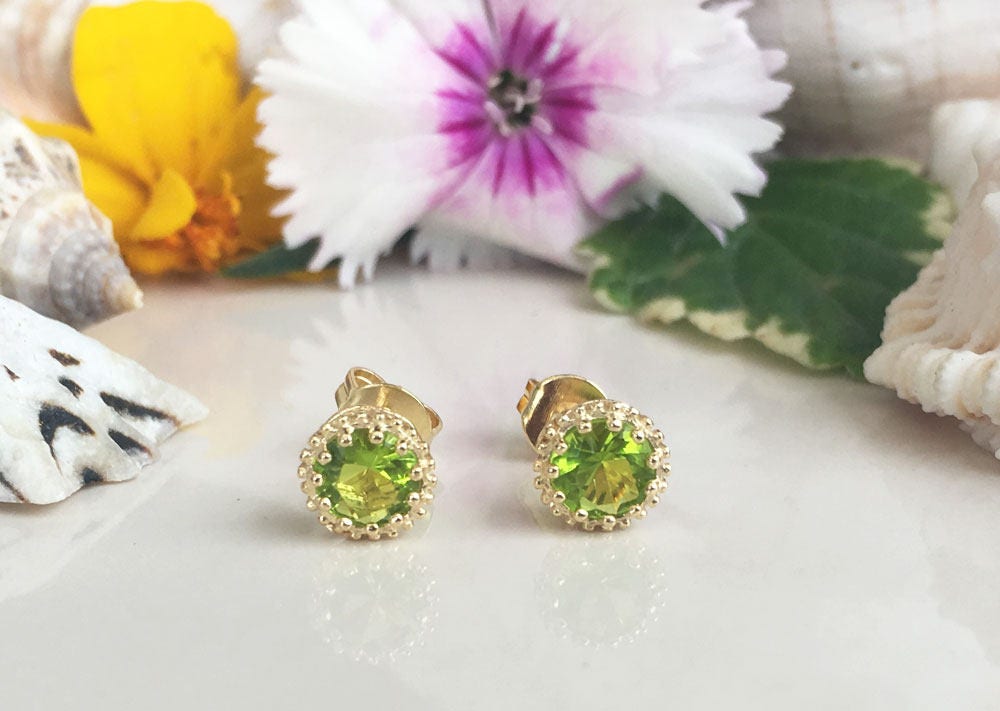 Peridot Earrings - August Birthstone - Small Round Stud Earrings with Peridot Gemstones - H.L.Jewelry