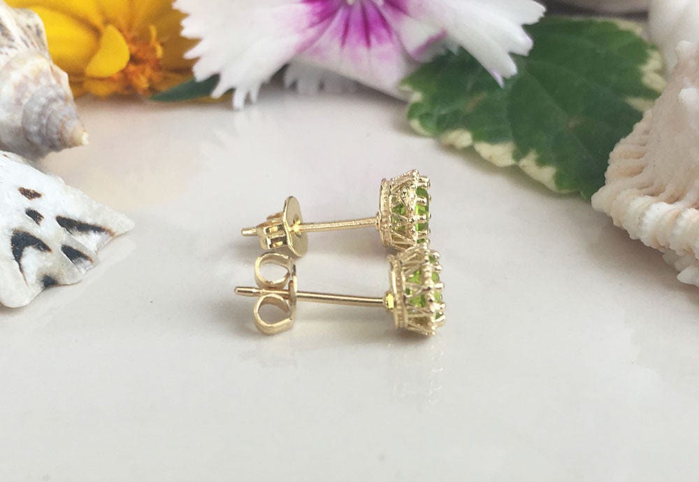 Peridot Earrings - August Birthstone - Small Round Stud Earrings with Peridot Gemstones - H.L.Jewelry