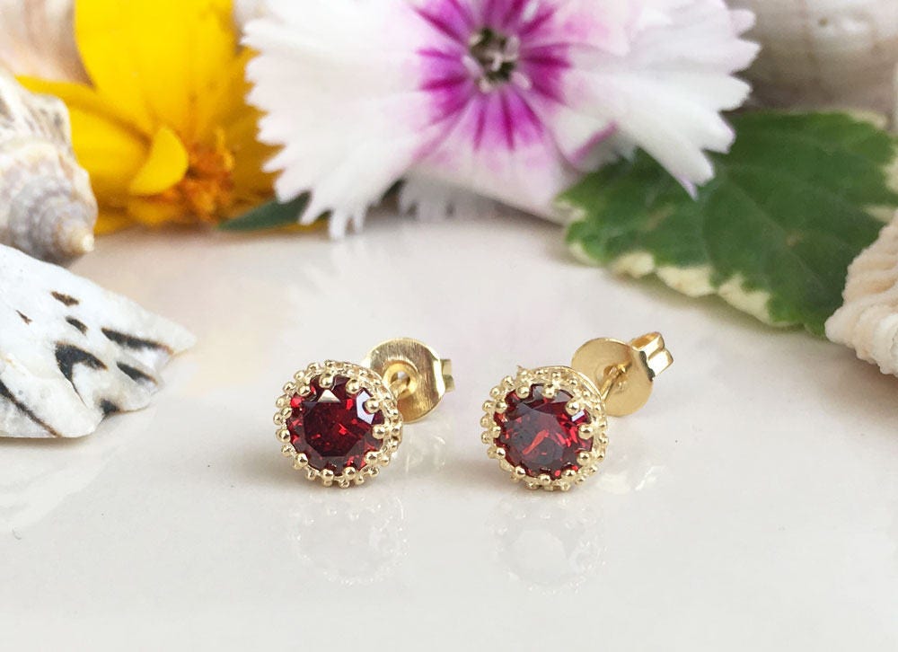 Red Garnet Earrings - January Birthstone - Red Garnet Gemstones Small Round Stud Earrings - H.L.Jewelry