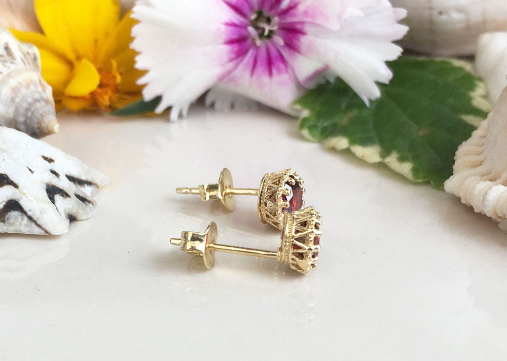 Red Garnet Earrings - January Birthstone - Red Garnet Gemstones Small Round Stud Earrings - H.L.Jewelry