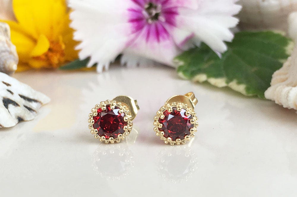 Red Garnet Earrings - January Birthstone - Red Garnet Gemstones Small Round Stud Earrings - H.L.Jewelry