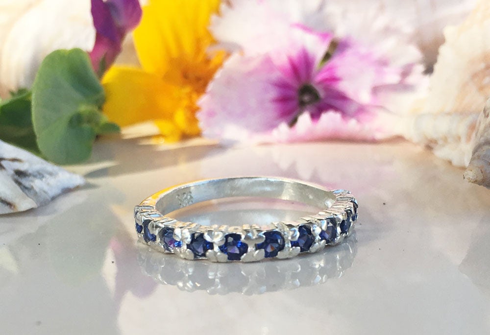 Blue Sapphire Ring - September Birthstone - Stacking Half Eternity Ring with Eleven Round Blue Sapphire Gemstones - H.L.Jewelry