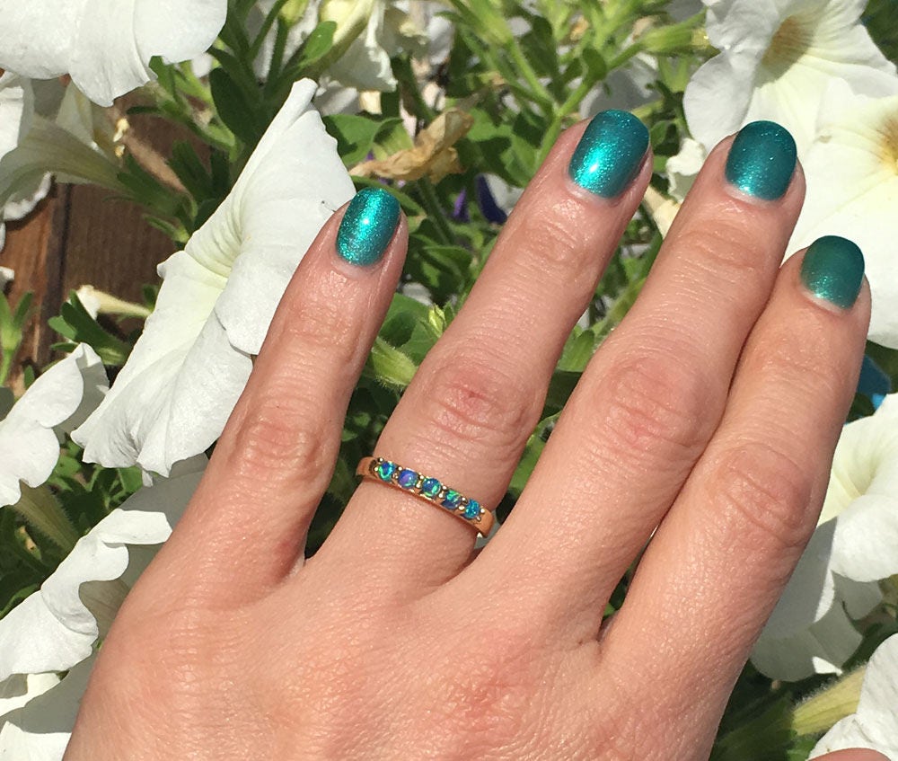 Blue Opal Ring - October Birthstone - Simple Stacking Ring with Five Blue Opal Gemstones - H.L.Jewelry